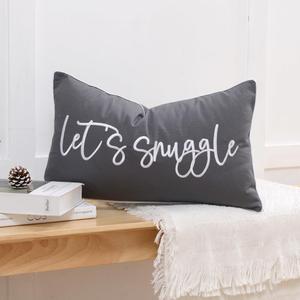 Sunkifover Let's Snuggle Decorative Lumbar Pillow Cover - 14x24 Inch Dark Grey Cotton Embroidery Throw Pillowcase for Bed, Bedroom, Living Room, Home Decor