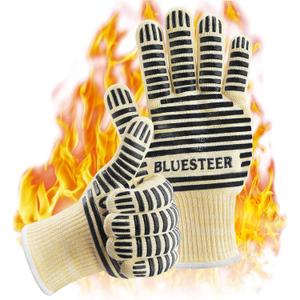 Oven Gloves, Heat Resistant 540 Degrees Grilling Gloves, Hot Surface Handler Non-Slip Silicone Oven Mitts with Fingers, BBQ Gloves for Cooking/Kitchen/Baking, Pack of 2 (One Size Fits Most, Deep Black) 9"L x 5"W