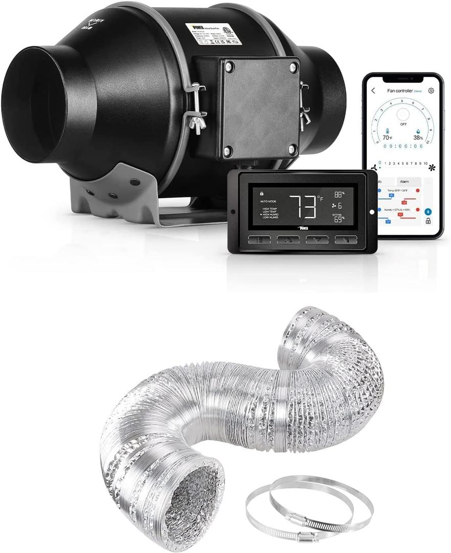 iPower Smart Ventilation Inline Fan 6 Inch with Temperature Humidity Controller, WiFi App, Voice Control with Alexa, 25 Feet Ducting for Grow Tent, Quiet