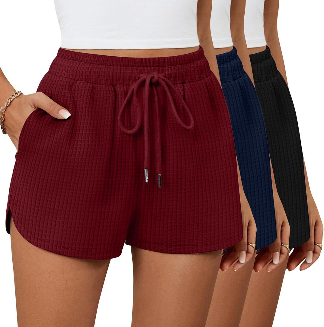 Riyiper 3 Pack Women's Waffle Knit Shorts Cotton Drawstring Lounge Summer Comfy Casual Shorts with Pockets (Medium, Black, Navy Blue, Red)