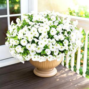 14 Bundles Artificial Flowers for Outdoor, Faux Flowers Silk Morning Glory with Eucalyptus Realistic UV Resistant Spring Flowers for Patio, Garden, Porch, Window Box, Decoration (White)