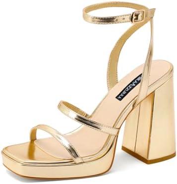 MIRAAZZURRA Platform Strappy Heel Sandals Square Open Toe Two Strap Chunky High Heeled Sandals with Buckle Ankle Strap for Women Party Wedding Dress, Size 6