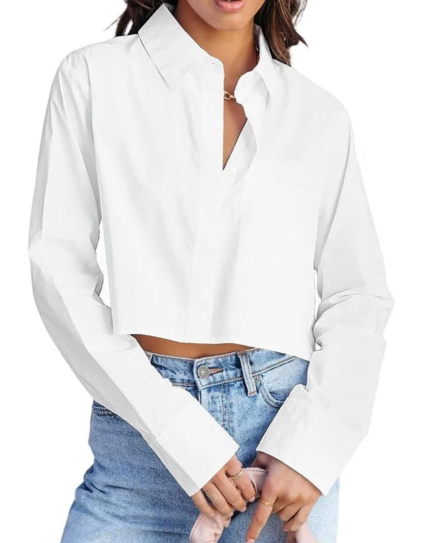 INFITTY Women's Button Down Cropped Shirts Long Sleeve Casual Crop Tops Loose Fit Cotton Lapel Blouse Fall S