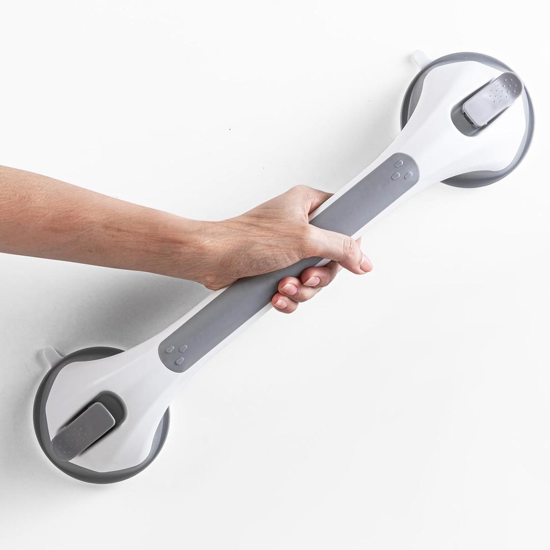 LEVERLOC Grab Bars for Bathtubs and Showers, Shower Handle 17 Inch Strong Suction Bath Handrails, Safety Grip for Bathroom Chair, Bathroom Grab Bar for Senior No Drilling Waterproof,Grey