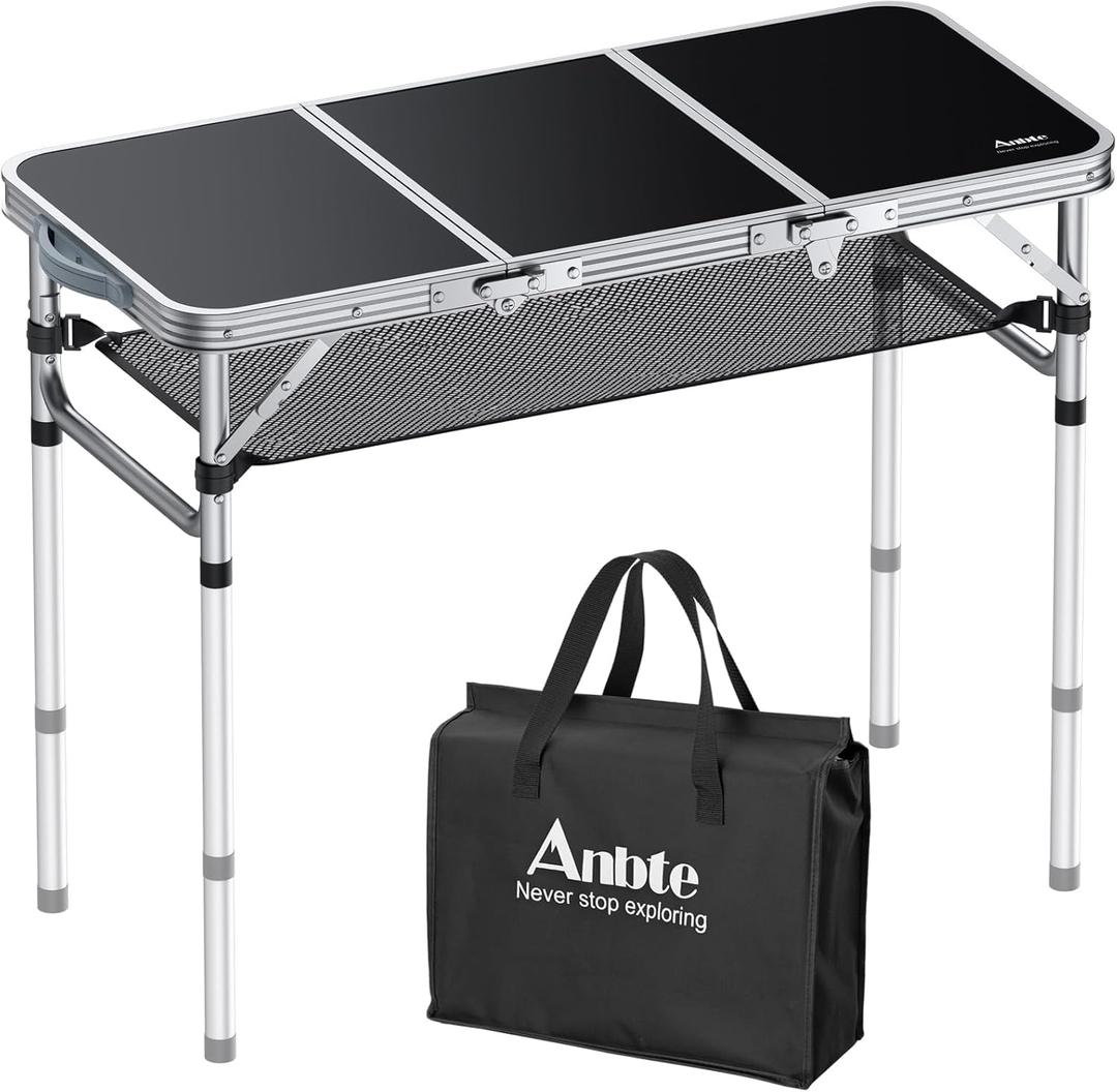 Anbte Folding Camping Table with Storage Net, 3ft Camping Table Aluminum Folding Table with 3 Adjustable Height Max 27.1 Inch Picnic Table Portable Table for Outdoor Backyard BBQ, Black