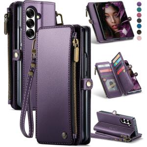 Defencase for Samsung Galaxy Z Fold 7/ Fold7 Wallet Case with RFID Blocking 10-Card Holder, Fashion Soft PU Leather Magnetic Snap Flip Zipper Wrist Strap Phone Case for Galaxy Z Fold 7 5G, Purple