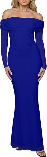 Caracilia Womens Off the Shoulder Bodycon Maxi Dress Fall Sexy Elegant Long Sleeve Ruched Club Party Formal Cocktail Dresses Royal Blue Medium