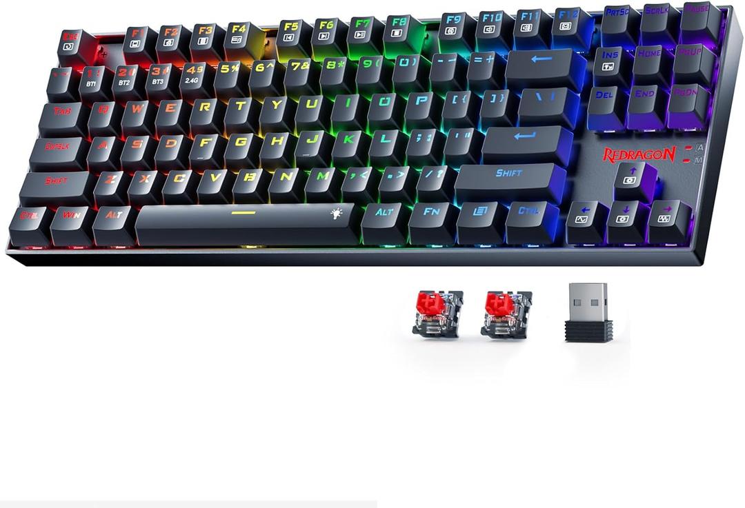 Redragon Wireless Gaming Keyboard, BT/2.4Ghz Tri-Mode Mechanical Keyboard with Aluminum Pannel, Hot-Swap Red Switch, Programmable 87 Keys TKL, LED Rainbow Backlit - K552-KRS (Black)
