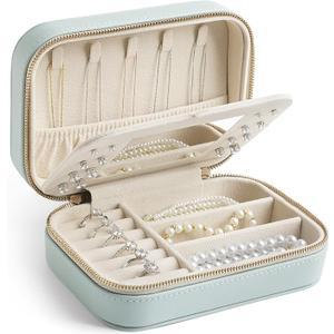 Genuine Leather Travel Jewelry Organizer Case with Mirror for Women, Small Mini Portable Jewelry Box for Ring Earrings Necklace Bracelet Luxury Gift for Women（Cyan）