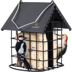 Kingsyard Double Suet Bird Feeder with Weatherproof Roof & Perch, All Metal, Suet Cakes Cage Bird Feeder for Outdoors Hanging, Easy to Clean & Refill, Black