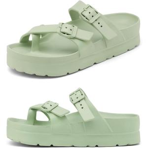 Womens Platform Sandals with Arch Support, Adjustable Buckle Beach Sandal Woman Comfort Lightweight Ultra Cushion EVA Slides (Green)