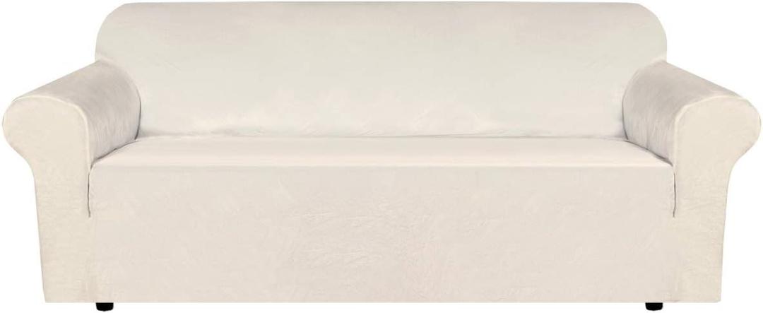 H.VERSAILTEX Stretch Velvet Sofa Covers for 3 Cushion Couch Covers Sofa Slipcovers Furniture Protector Soft with Non Slip Elastic Bottom, Crafted from Thick Comfy Rich Velour (Sofa 72"-90", Ivory)
