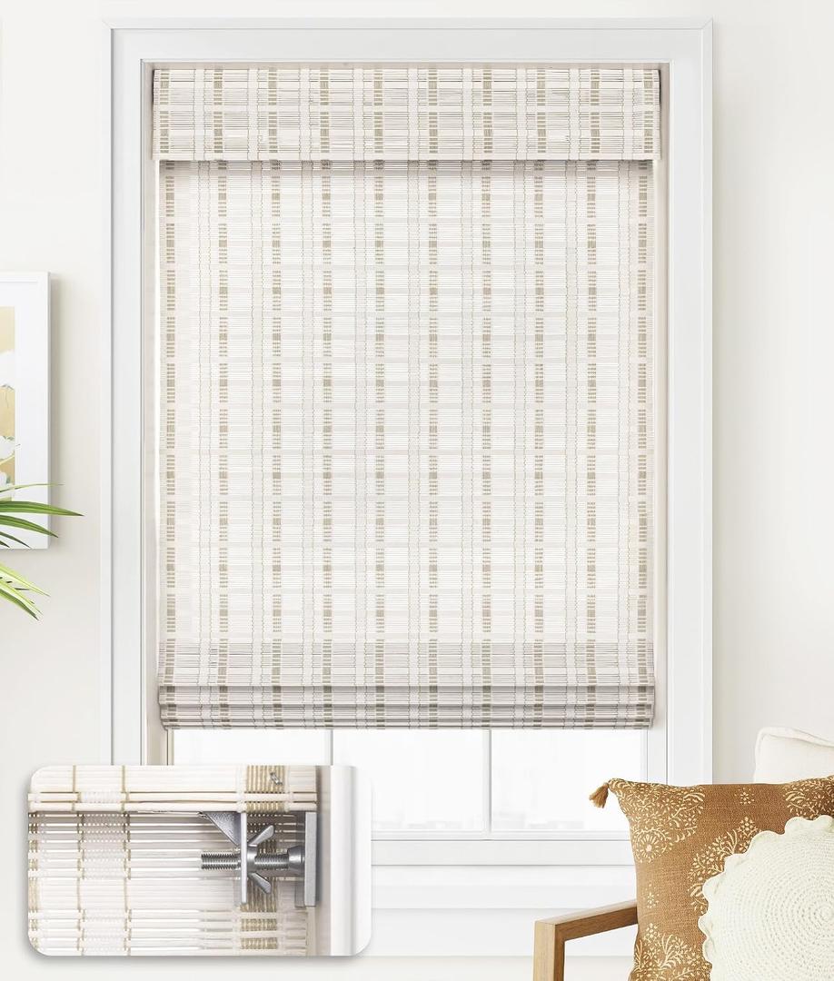 LazBlinds No Tools No Drill Cordless Bamboo Roman Shades, Light Filtering Window Treatment, Roll Up Bamboo Blinds for Window 33'' W x 64'' H, Whitewash B