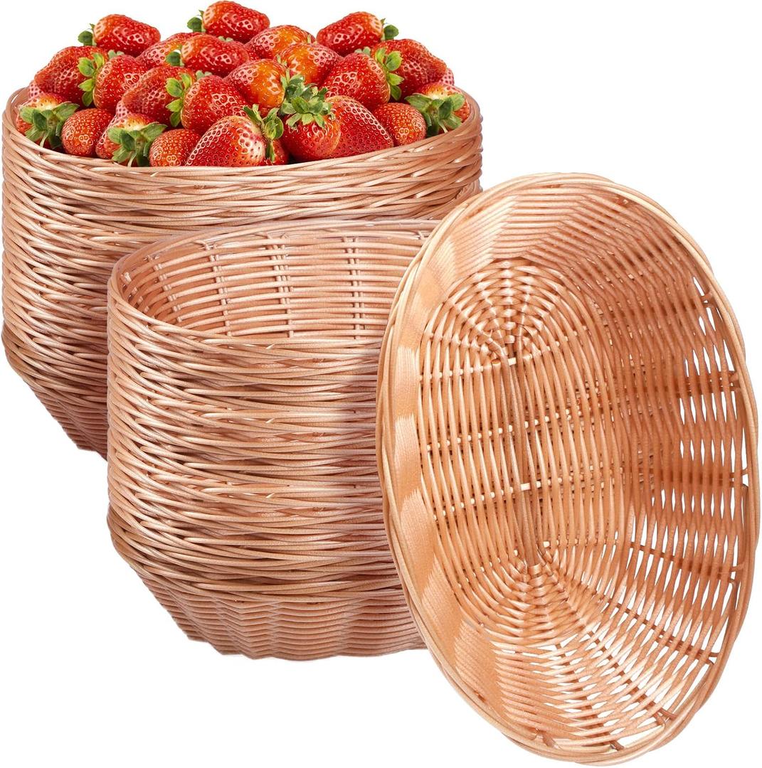 Potchen 24 Pack Plastic Oval Basket 9.5 x 6.3 x 2.4 Inch Small Fruit Bread Basket Wicker Storage Baskets for Gifts Empty Easter Home Kitchen Restaurant Food Serving Centerpiece Display(Light Brown)