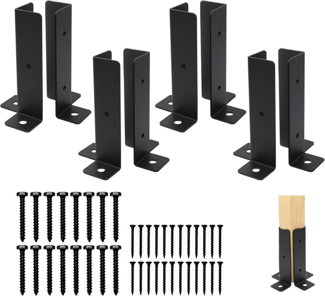 8 pcs Adjustable Deck Post Anchor Base Brackets - Fit 1.5x1.5, 2x2, 2x4, 4x4 Posts - Wood Fence Pergola Kit, Heavy Duty Half Column Black Support Base for Deck Railing