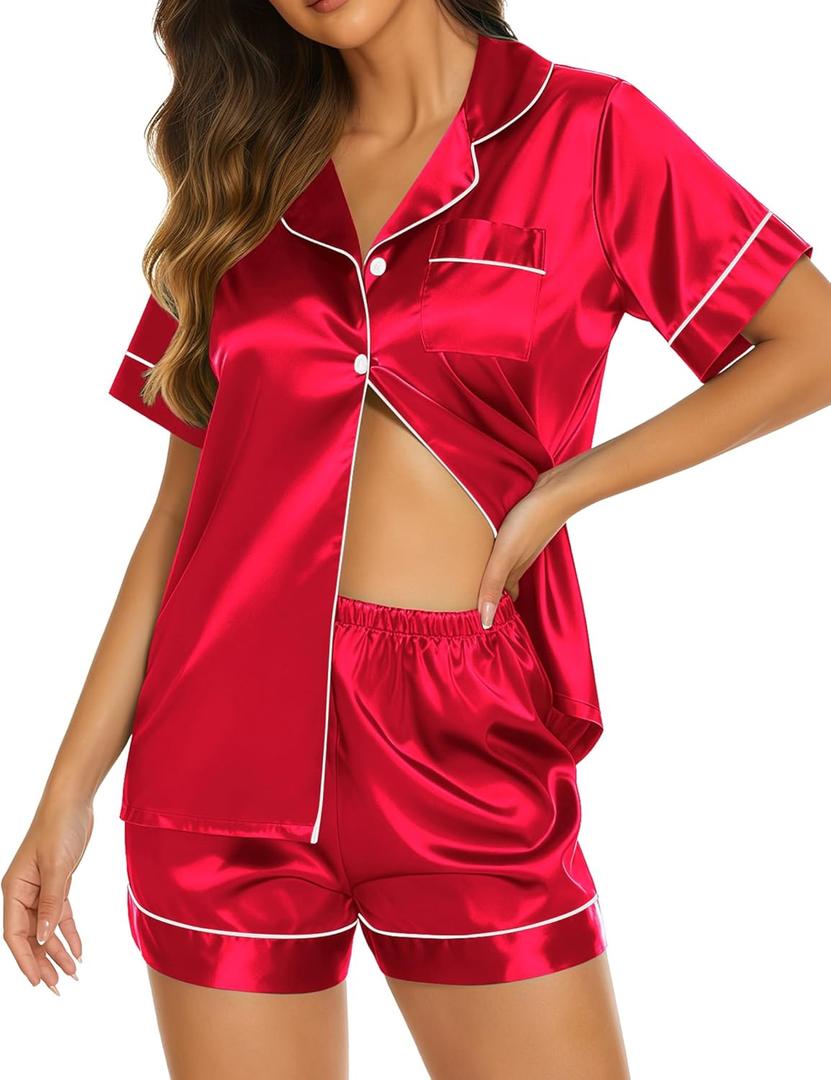 Ekouaer Silk Pajamas for Women Short Sleeve Sleepwear Soft Button Down Loungewear 2 Piece Satin Pjs Shorts Set (Small, Red)