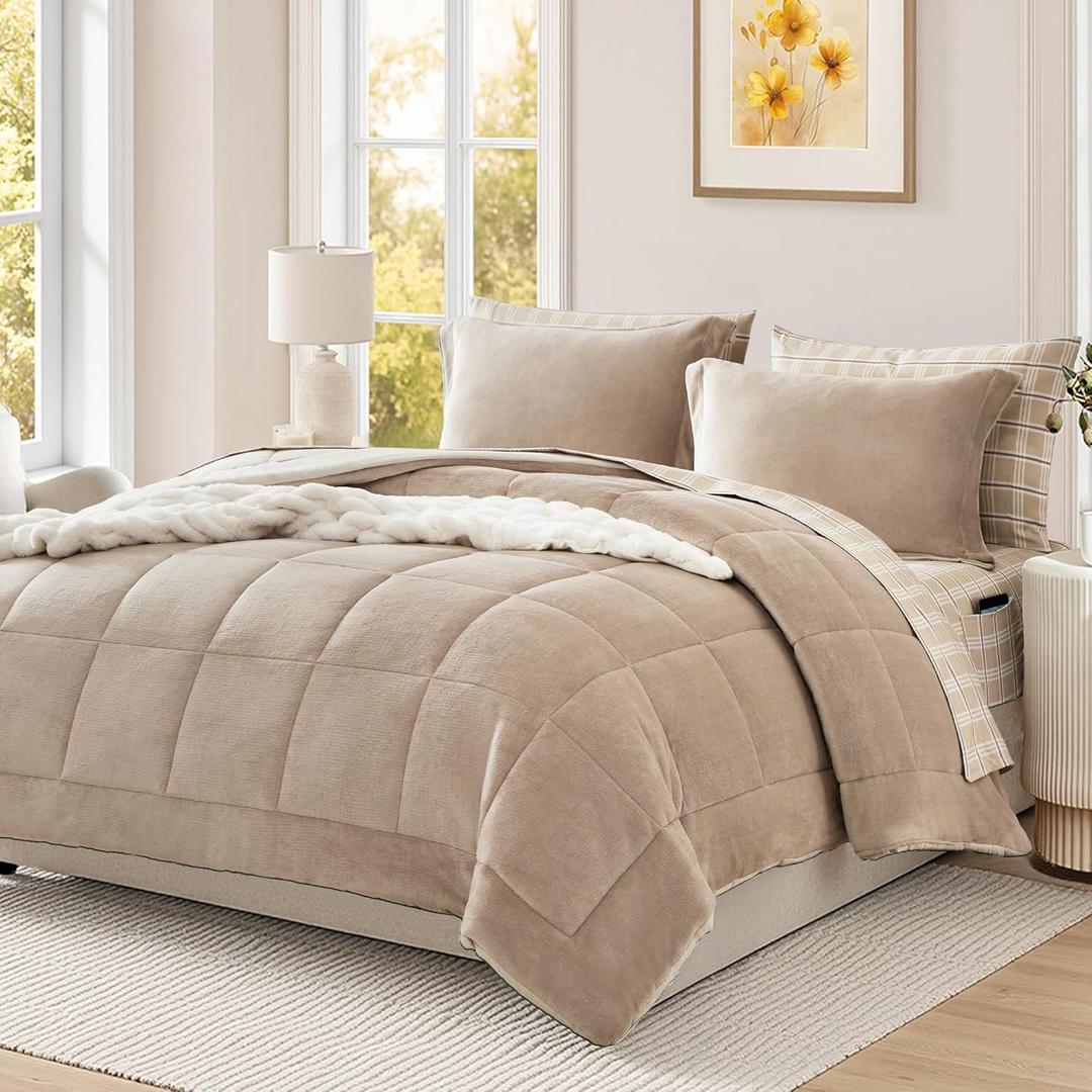 AMBERSPACE Luxury Queen Size Comforter Sets 7 Piece, Taupe Plush Flannel Velvet Comforter Set Queen 7 Pieces, Soft Warm Plush Comforters Bed in A Bag Queen 90"*90"(Light Taupe, Queen)