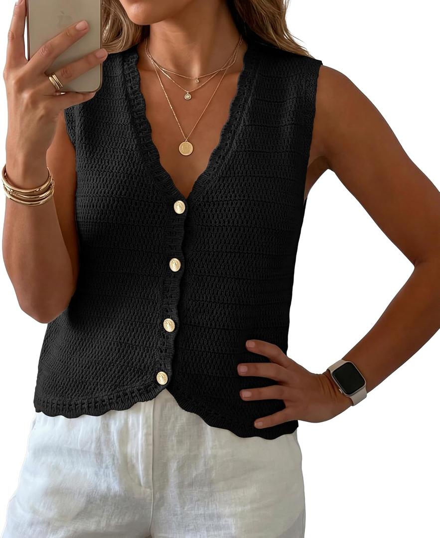 GRECERELLE Womens Summer Sleeveless Sweater Vest - V Neck Knit Button Down Casual Tank Tops (X-Large)