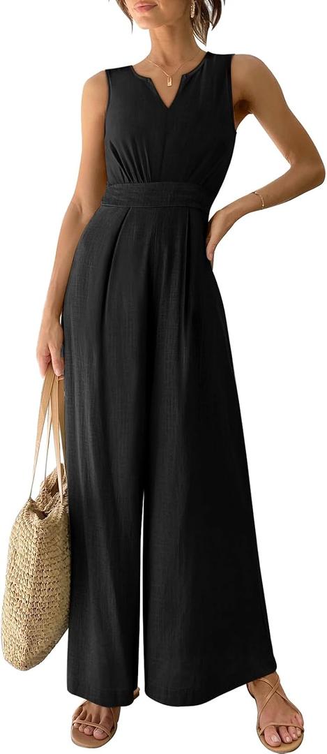 ANRABESS Jumpsuits for Women Summer Dressy Casual Linen Romper Sleeveless V Neck High Waist Wide Leg Beach Vacation Outfits (Black, M)