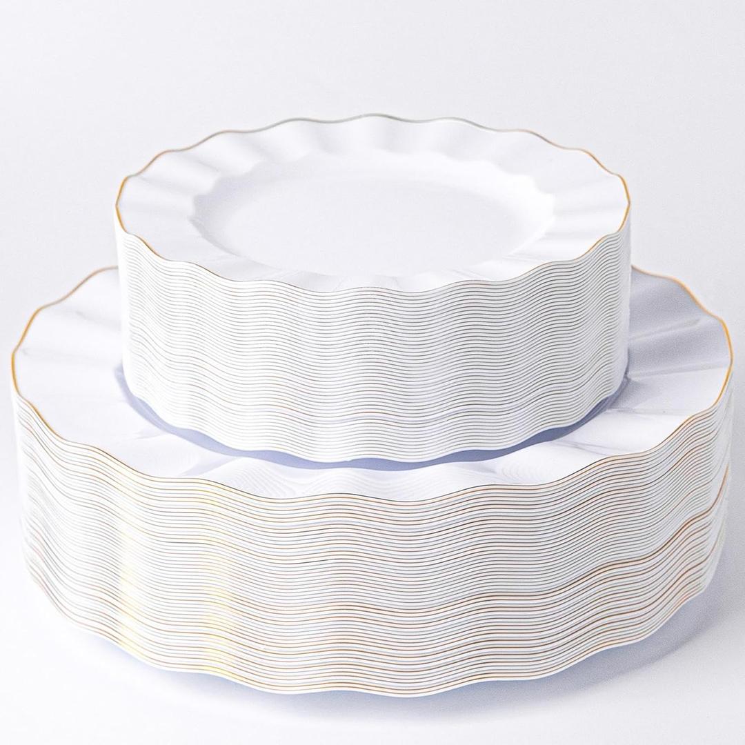 HIGH END 100 Pcs White Wave Plastic Plates with Gold Trim, Fancy Disposable Plate Sets Include 50 Dinner & 50 Dessert Plastic Plates, Elegant Disposable Plate Set For Party, Thanksgiving (50 Guests)
