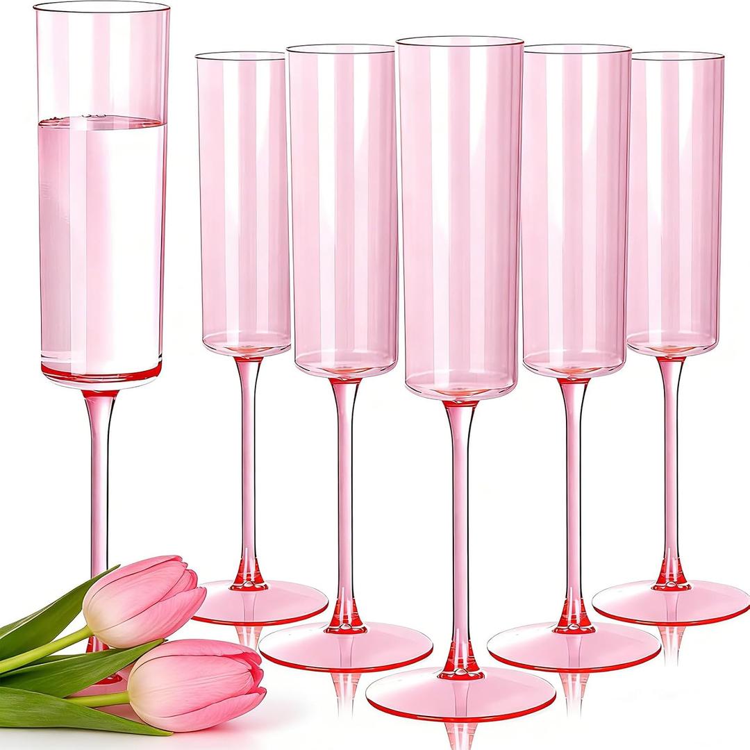 Ciaell 24 Pack Pink Plastic Champagne Flutes - Pink 6 Oz Disposable Champagne Glasses - Square Plastic Toasting Glasses for Party Birthday Anniversary Wedding & Mother's Day