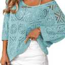 Sidefeel Women's 2025 Spring Summer Crochet Tops Off The Shoulder Hollow Out Knit Tops 3/4 Sleeve Pullover Sweater Cover Ups (Blue, M)