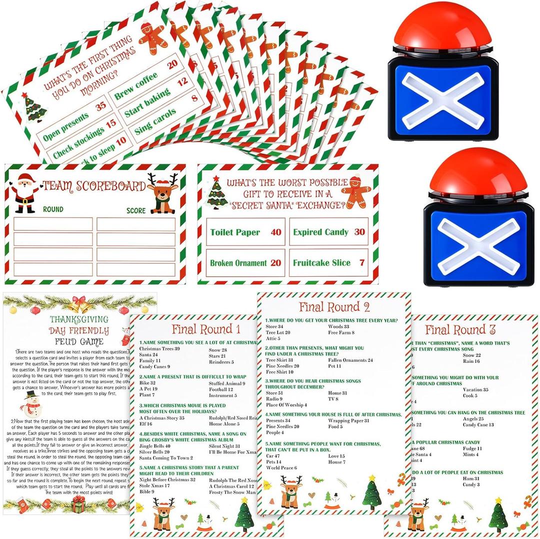 Thanksgiving Friendly Feud Game with 2 Pcs Answer Buzzers, Christmas Feud Card Game for Friends Family Gathering Night, Trivia Quiz, Fun for Adults (Christmas)