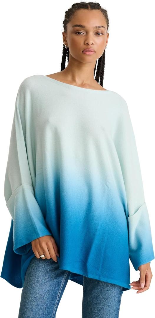 NAADAM Women's Soft Cashmere Ombre Poncho Sweater (Blue, 2XL/3XL)