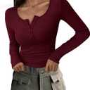 PRETTYGARDEN Women's 2025 Fall Long Sleeve Henley T Shirts Button Ribbed Knit Slim Fit Basic Tops Blouse Casual Outfits (X-Small, Burgundy)