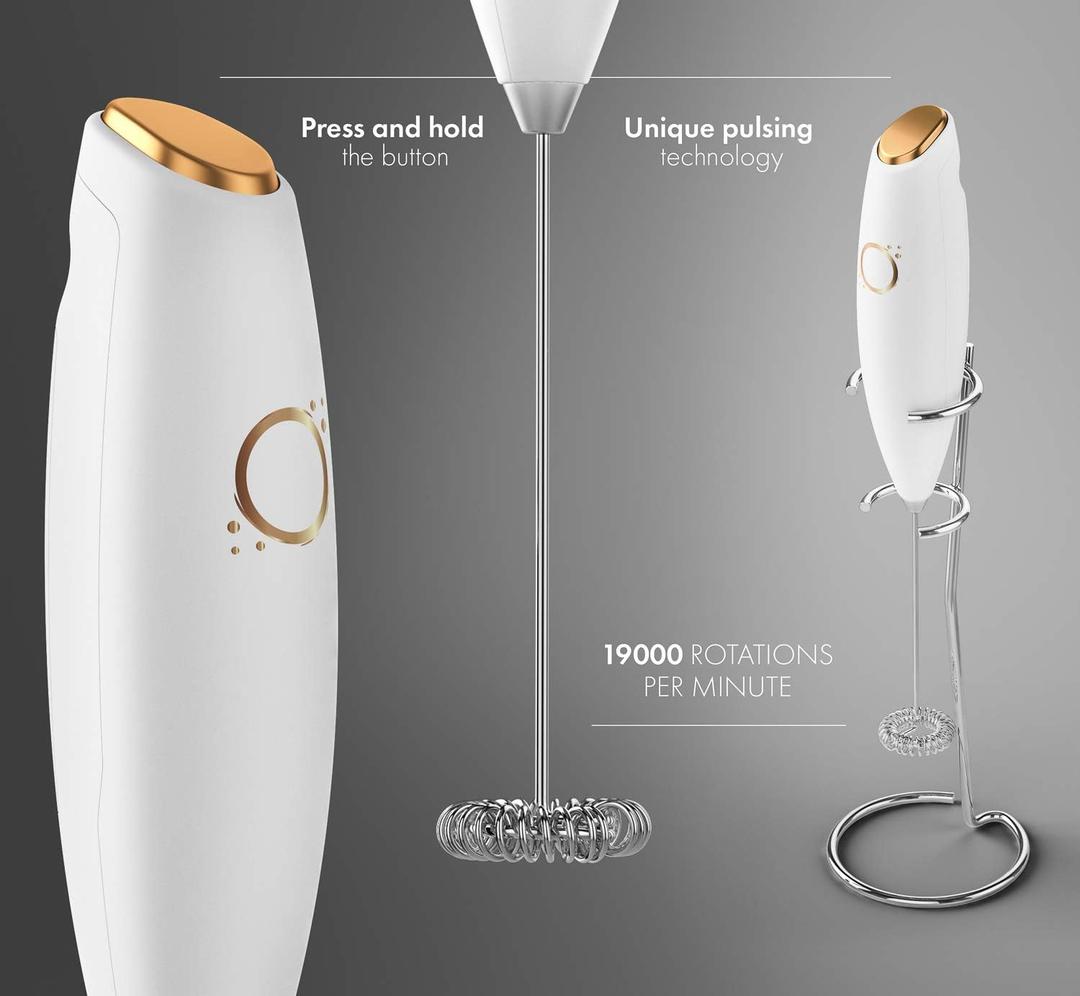 Milk Frother White  Coffee Frother Handheld with Electric Whisk  19000 rpm  Book Recipes and Stainless Steel Stand Included  Hand Mixer Electric (White and Gold)