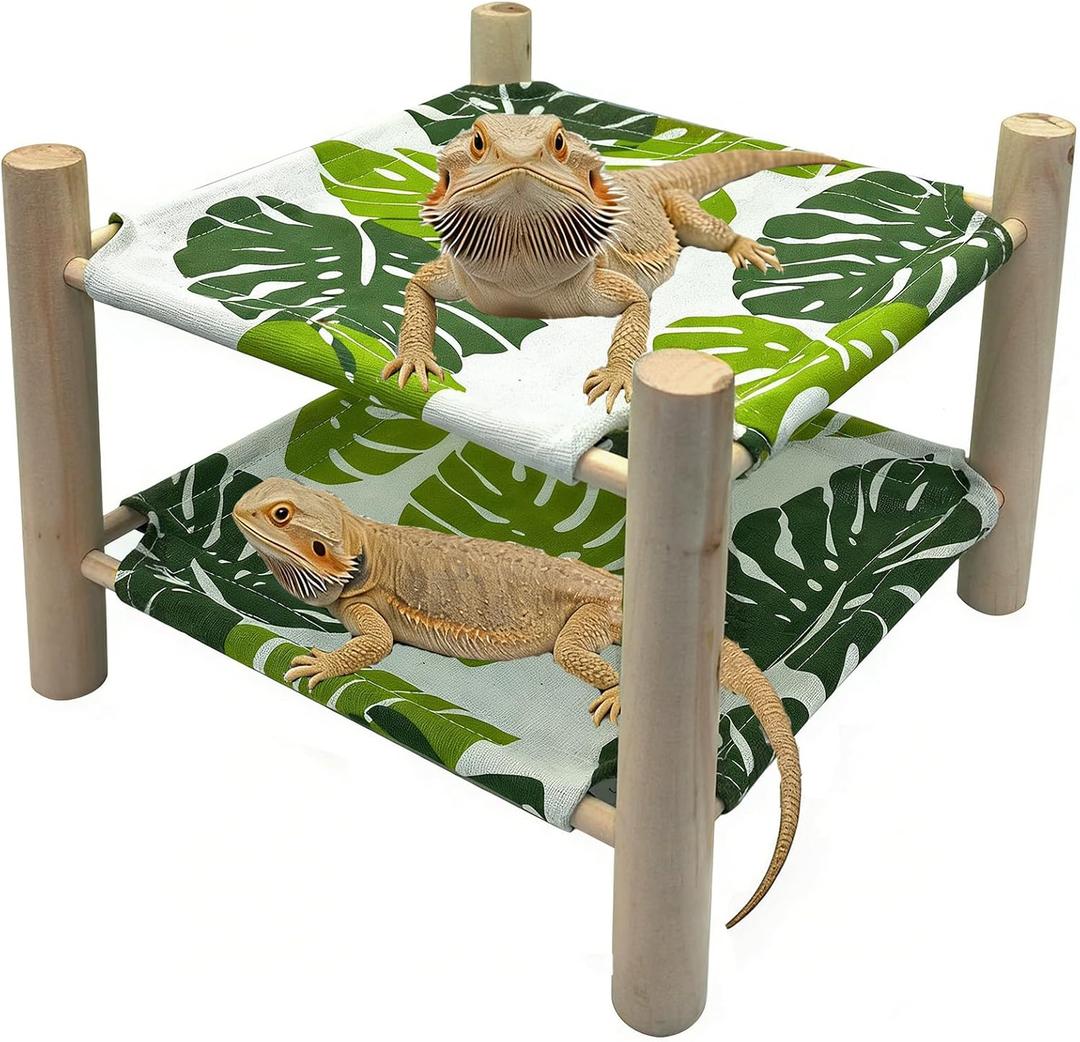 Tfwadmx Bearded Dragon Bed Double-Layer Wood Reptile Lizard Lounger Sleeping Hammock Tank Habitat Accessories for Leopard Gecko Snake Lizard or Other Small Animal