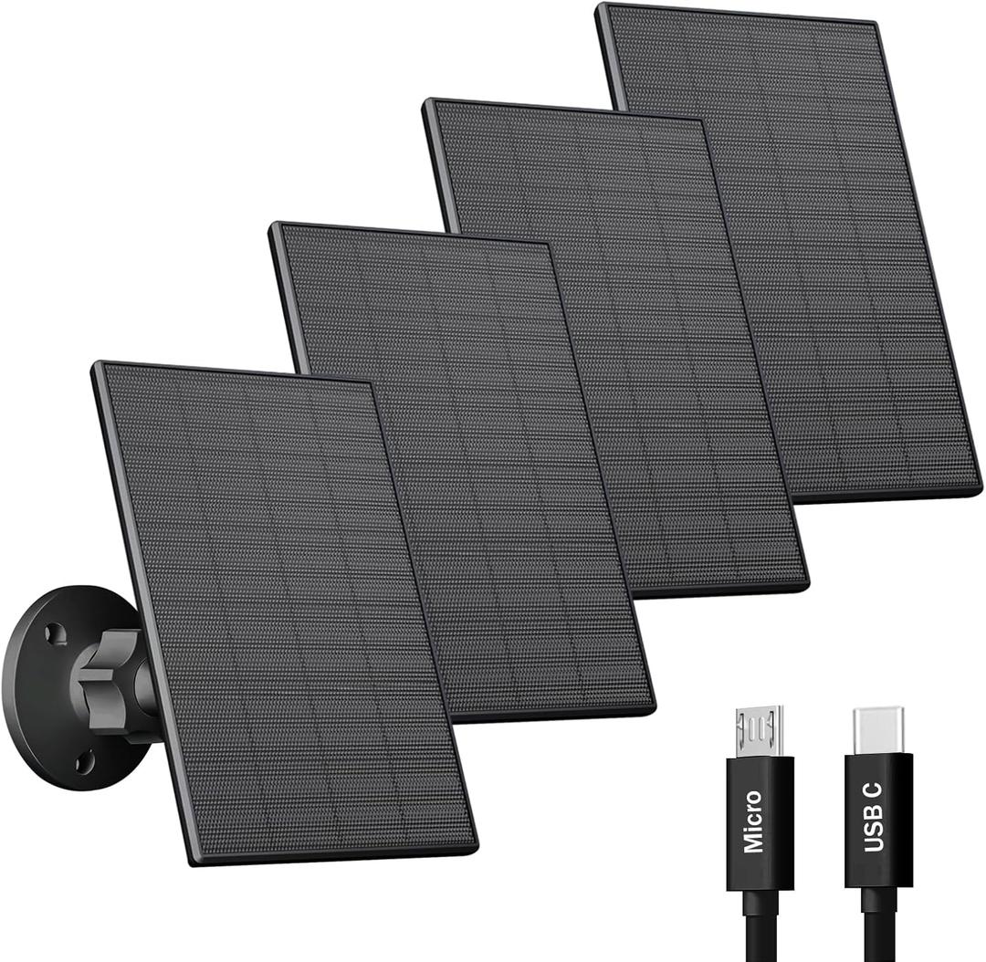 2W Solar Panel for Security Camera Outdoor, USB/USB-C Charger with IP65 Waterproof, 360 Adjustable Mount & 7.2ft Cable, Compatible with Rechargeable Battery Cameras (4 Pack, Black)