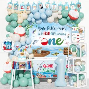 Ofishally 
 One Birthday Decorations, 103 PCs - Gone Fishing 1st Birthday Party Supplies with Fish First Backdrop, Balloon Garland, Banners, Paper Lanterns, Poster