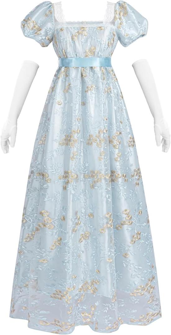LTAKK Regency Dress Women Regency Costume Empire Waist Tea Party Embroidery Victorian Gown with Sash and Gloves, XL