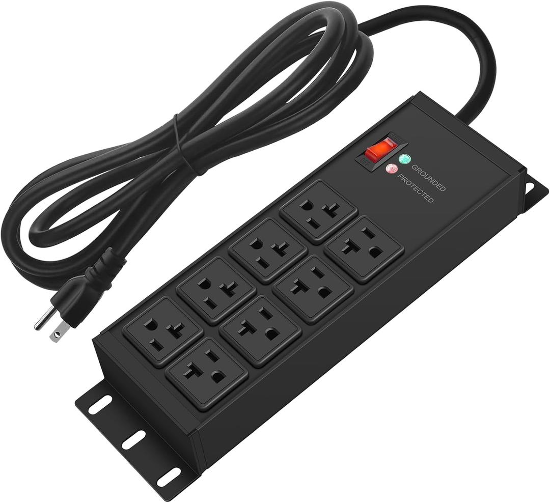 CCCEI Magnetic Heavy Duty Power Strip Surge Protector 20Amp, 12 Gauge High Amp Extension Outlets, Garage Wall Mount 8 Plug Metal Power Strip. 15FT, Black, 5-15P Adapter 6-20R T-Slot 20a for Appliance