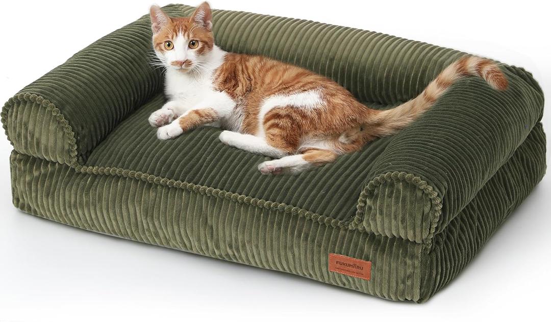 FUKUMARU Dog Couch Bed, Corduroy Cozy Cat Bed for Indoor Cats with Washable Cover, 28in Waterproof Orthopedic Dog Beds Sofa for Small Dogs and Large Cats, Cute Warm Cotton Pet Sofa, Green, 28.3"Lx20.5"Wx9"Th