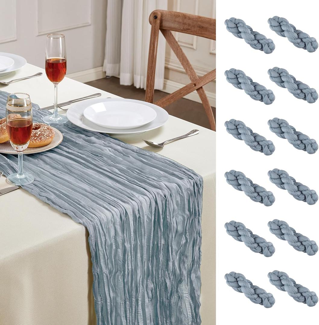 12 Pack Dusty Blue Cheesecloth Table Runner 10FT Long Boho Gauze Table Runner Rustic Sheer Runner for Wedding Bridal Baby Shower Birthday Party Table Decor Home Easter Thanksgiving Decorations