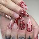 Halloween Press on Nails Medium Stiletto OFDNE French Tip Fake Nails Red Blood Drop False Nails with Spider Web Designs Rhinestones Stick on Nails Glossy Glue on Nails for Women Girls 24 Pcs