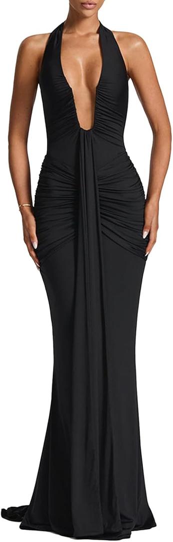 Women Deep V Neck Ruched Maxi Dress Sleeveless Halter Gown Cocktail Evening Formal Dresses (Large, Black)