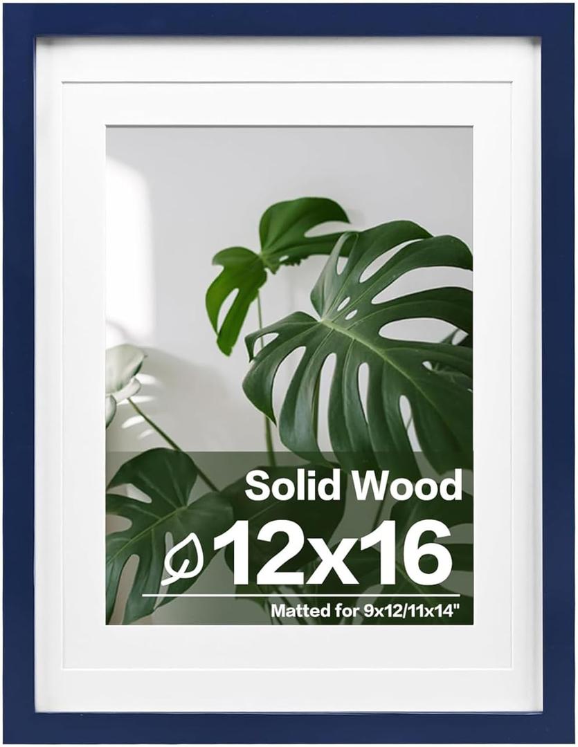 Egofine 12x16 Picture Frame Made of Solid Wood, Display Covered by Plexiglass, Display Pictures 9x12/11x14 with Mat or 12x16 Without Mat for Wall Mounting, Navy Blue