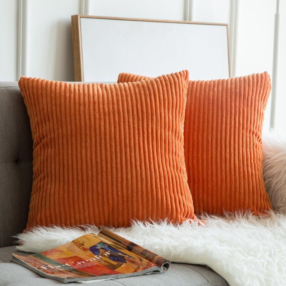 MIULEE Winter Fall Pack of 2 Orange Pillow Covers 18x18 Inch Soft Boho Striped Corduroy Throw Pillow Covers Decorative Square Cushion Cases Pillowcases for Sofa Bedroom Couch Home Decor.