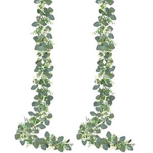 Sggvecsy 2 Pack Artificial Eucalyptus Garland Eucalyptus Leaves Vines Greenery Garland Faux Silver Dollar Eucalyptus Leaves for Table Party Wedding Indoor Outdoor Home Mantle Wall Decor