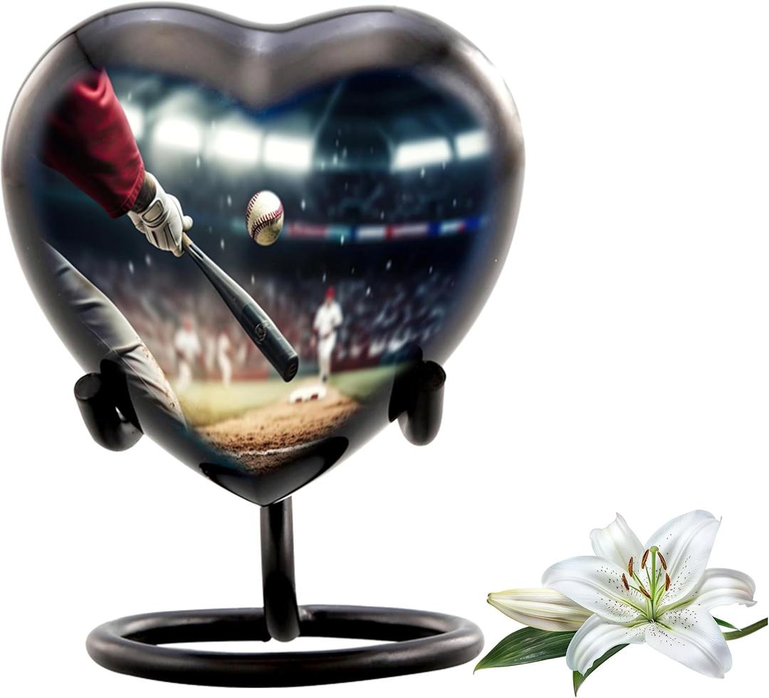 Baseball Heart Keepsake Urn - Mini Sharing Sports Urn - Handcrafted Heart Shaped Funeral & Memorial Keepsake with Premium Box, Bag & Display Stand