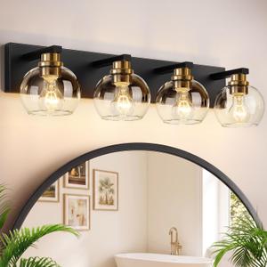 Bathroom Light Fixtures, 4-Light 29 Inch Black and Gold Bathroom Vanity Light, Modern Wall Sconces with Clear Glass Globe Shades, Vanity Lighting Fixtures Over Mirror, E26 Socket (Bulbs Not Included)