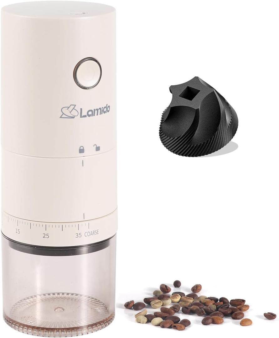 Portable Electric Coffee Grinder with Ceramic Burr - 38 Adjustable Grind Settings, One-Touch Operation, USB-C Rechargeable, Auto-Stop Function for Espresso, French Press, Travel & Home Use (White)