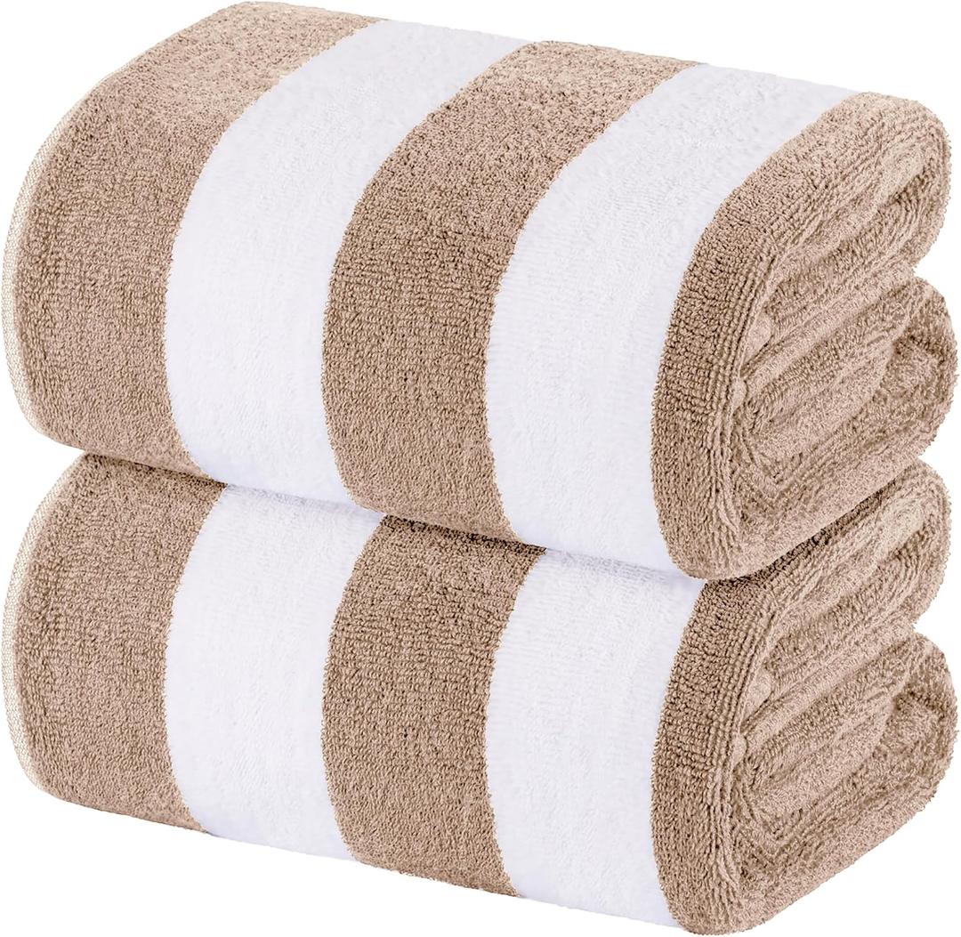 White Classic Beach Towels Oversized Cabana Stripe Cotton Bath Towel Large - Luxury Plush Thick Hotel Swim Pool Towels for Adults Super Absorbent Quick Dry - 35x70 Beige [2 Pack]