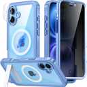 360 Protection Magnetic for iPhone 16 Case Built-in 9H Privacy Screen Protector & Metal Stand[Fit for Magsafe][Anti-Spy][Lens Protector] Heavy Duty Shockproof Phone Case for iPhone 16(Blue)