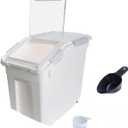 Airtight Flour Storage Container 25 lb Rice Storage Container with Wheels Seal Locking Lid, Food Containers with Measuring Cup& Scoop for Flour, Rice, Grain(Gray)