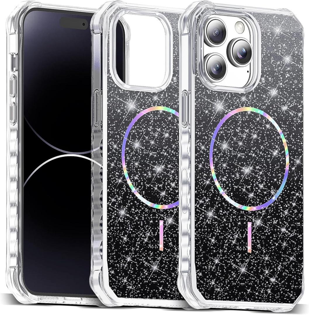Compatible with iPhone 14 Pro Max Case Magnetic Glitter iPhone 14 Pro Max Phone Case 6.7" with Curly Wavy Frame Design [Bling & Cute][Compatible with Mag-Safe],Black
