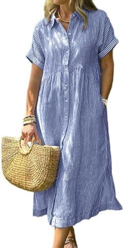 chouyatou Women's Summer Striped Midi Long Shirt Dress Casual Loose Short Sleeve Button Down Dress, L
